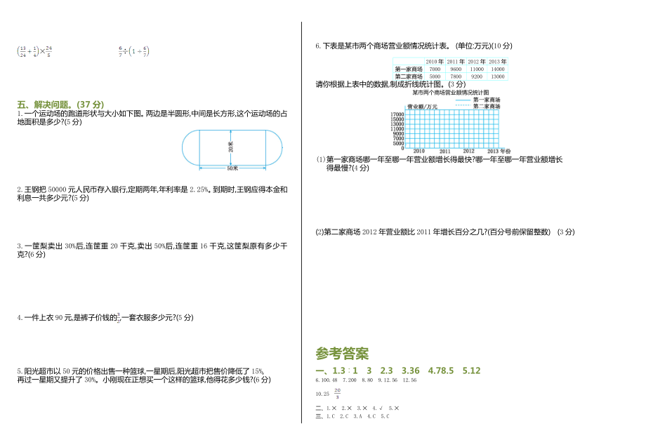 最新小学六年级数学上学期期末测试卷及参考答案