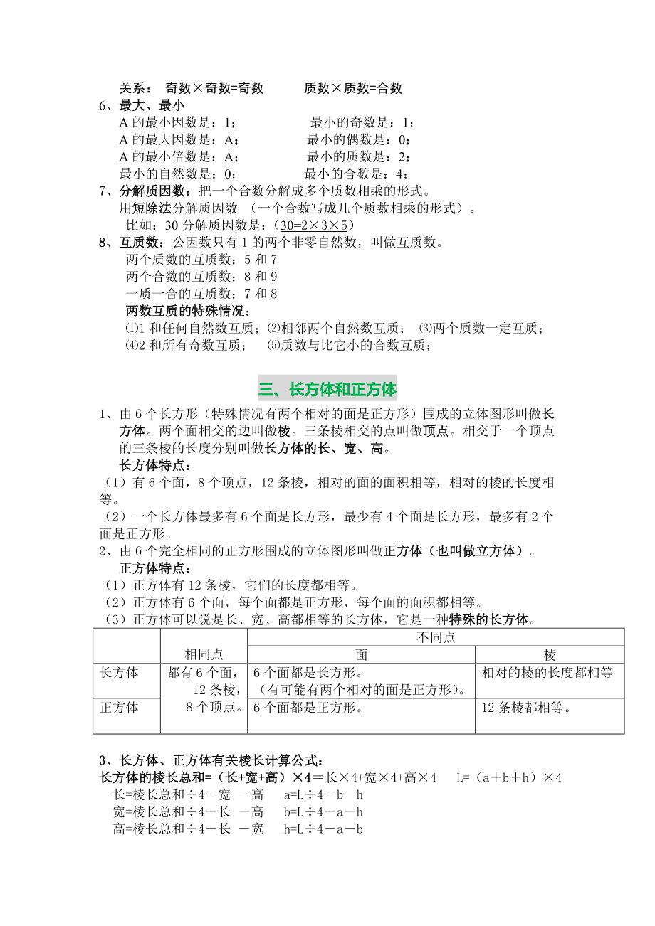 五年级下册数学要背概念及公式