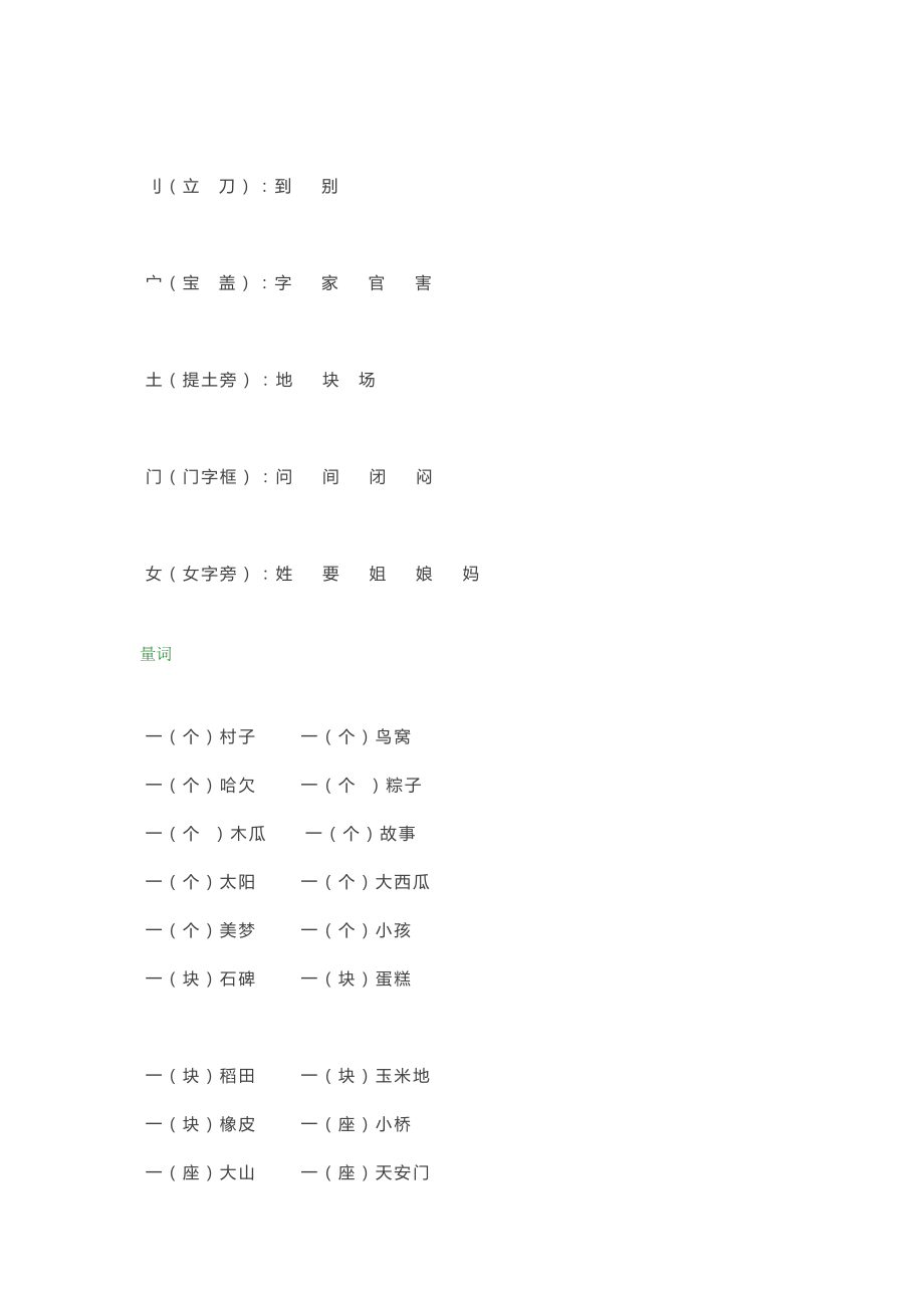 小学一二年级语文基础偏旁、量词、形近字汇总