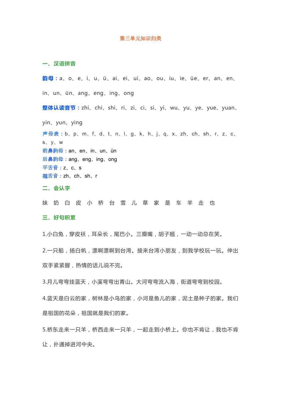 部编版一年级语文上册第三单元汉语拼音、生字、句子知识点汇总