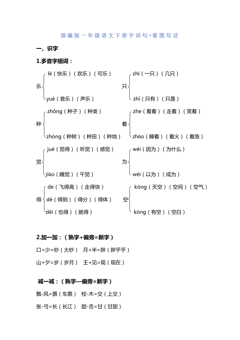 一年级语文下册 字、词、句+看图写话