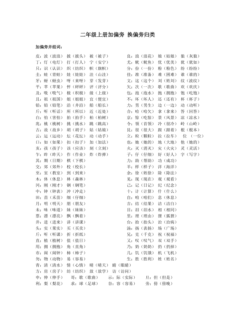 小学二年级上册加偏旁换偏旁归类（可下载）