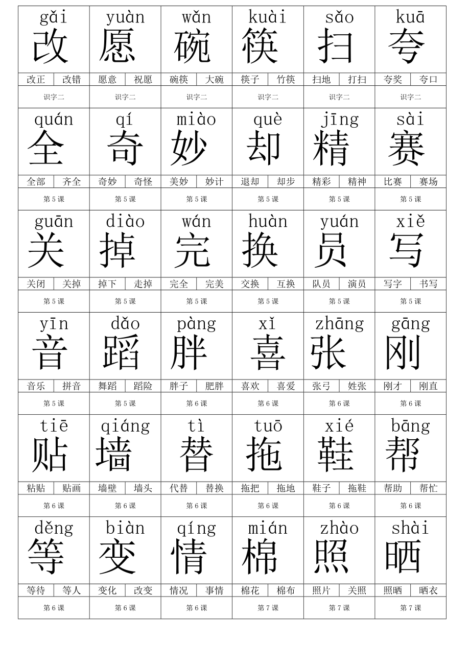 人教版一年级语文下册生字卡片