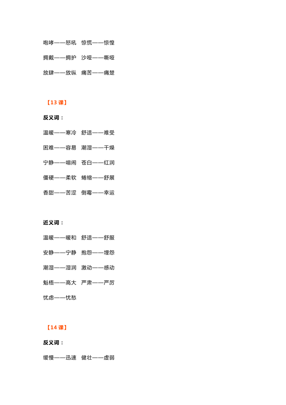 部编版小学语文六年级上册近义词和反义词汇总