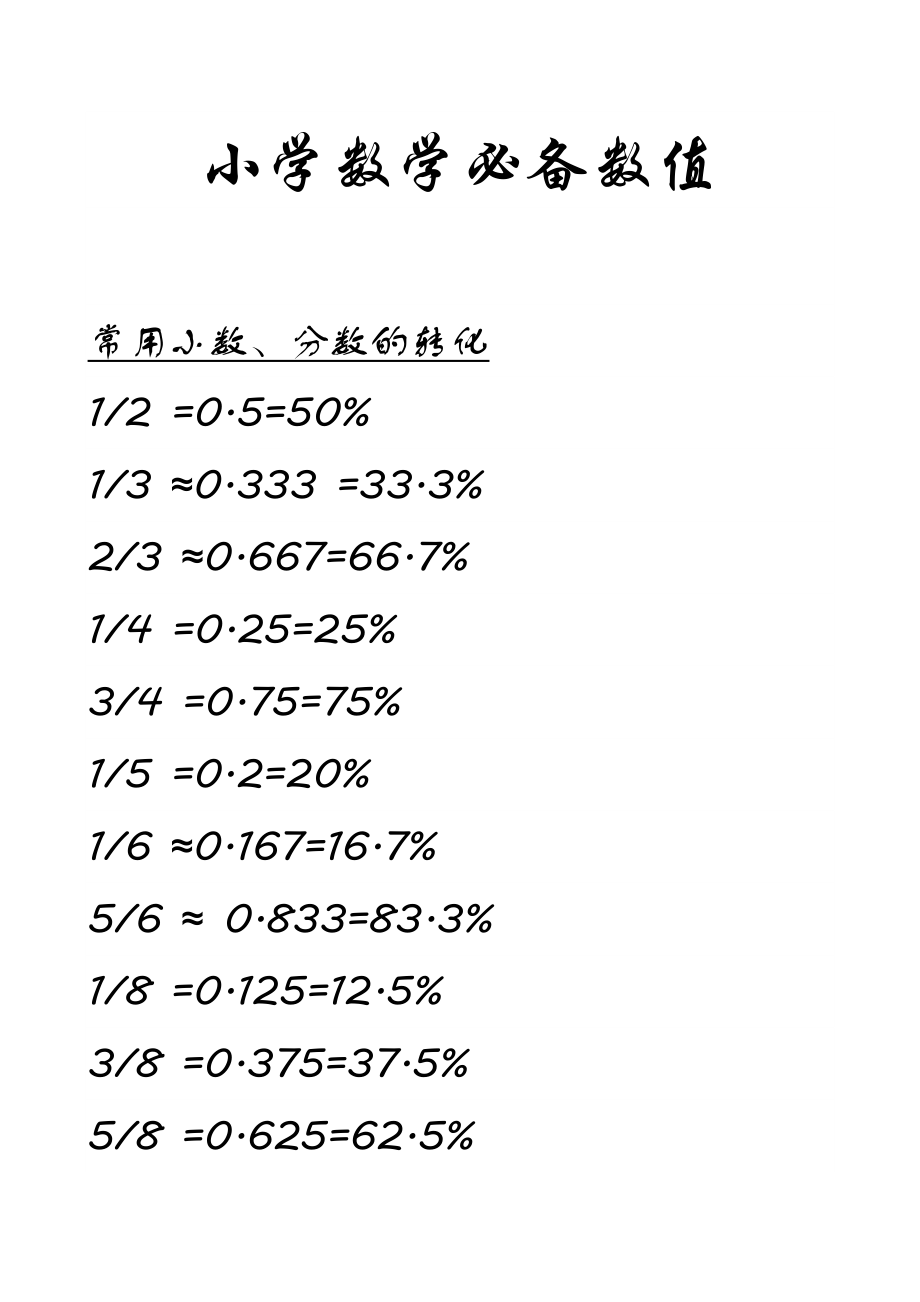 小学数学必备数值