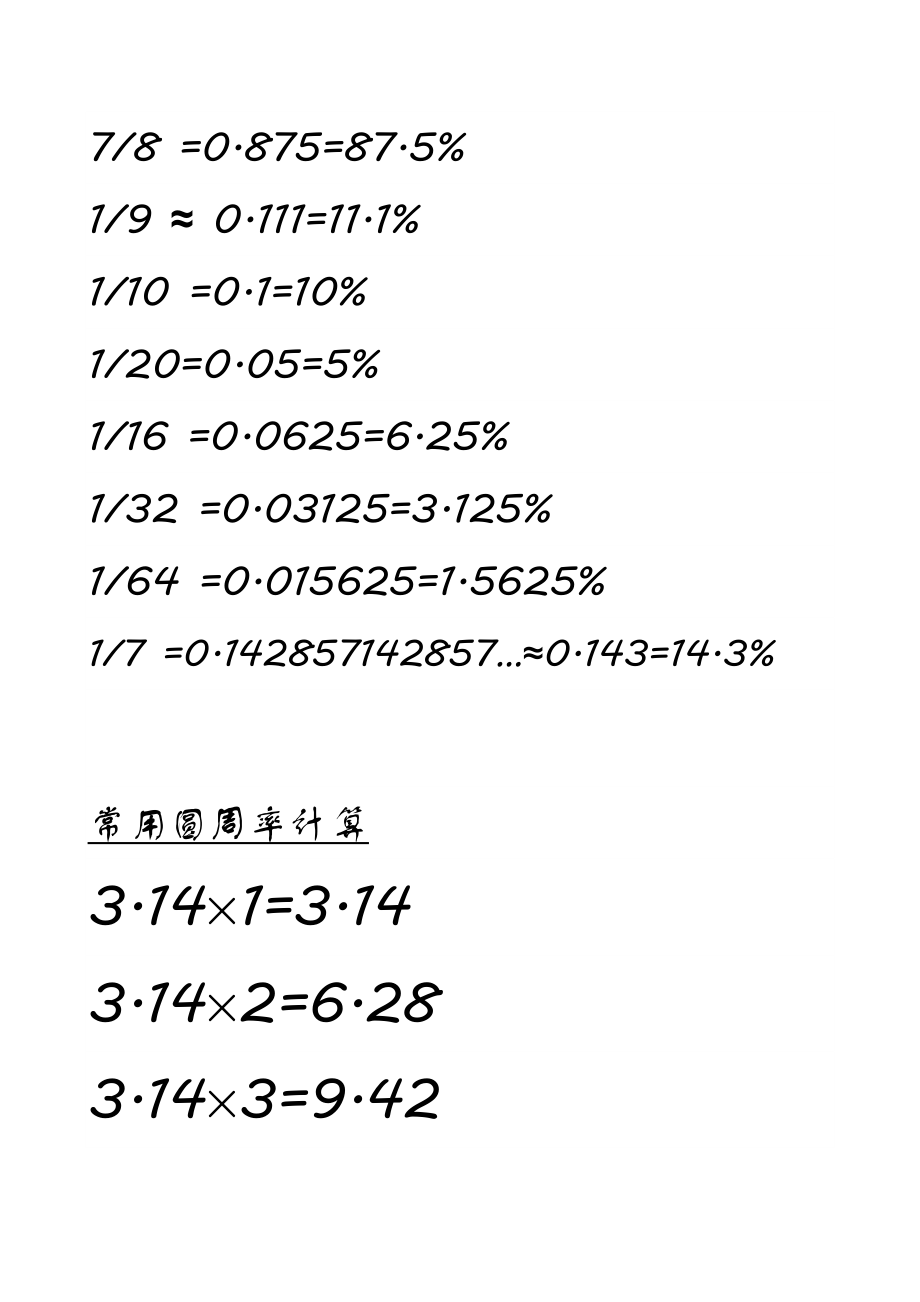 小学数学必备数值