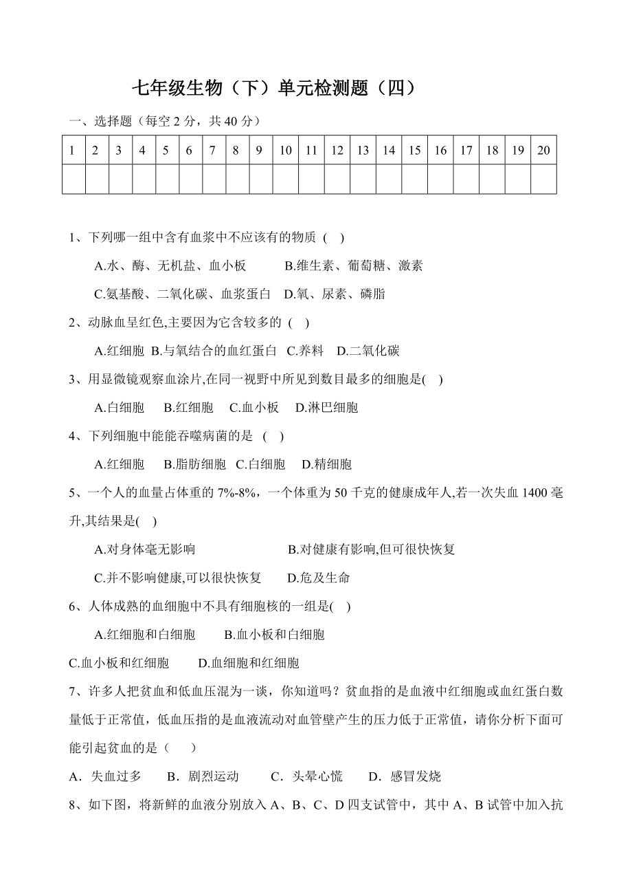 人教版七年级下册生物第4章 人体内物质的运输 2 含答案