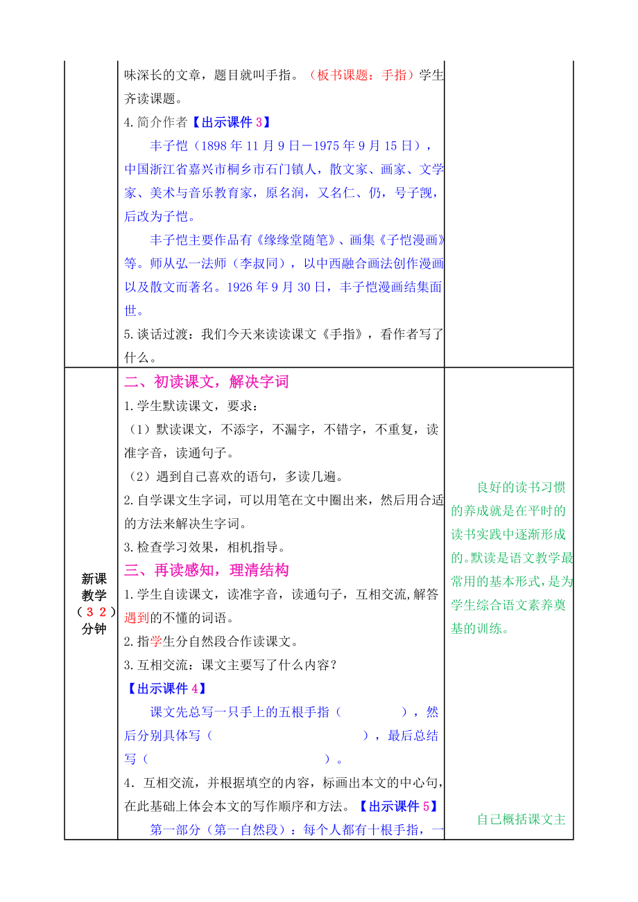 部编版小学五年级语文部编版第22课手指教案表格式2