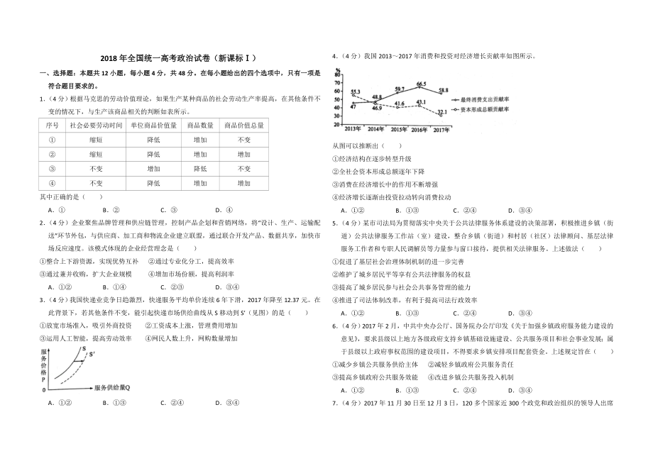 2018年全国统一高考政治试卷（新课标ⅰ）（原卷版）