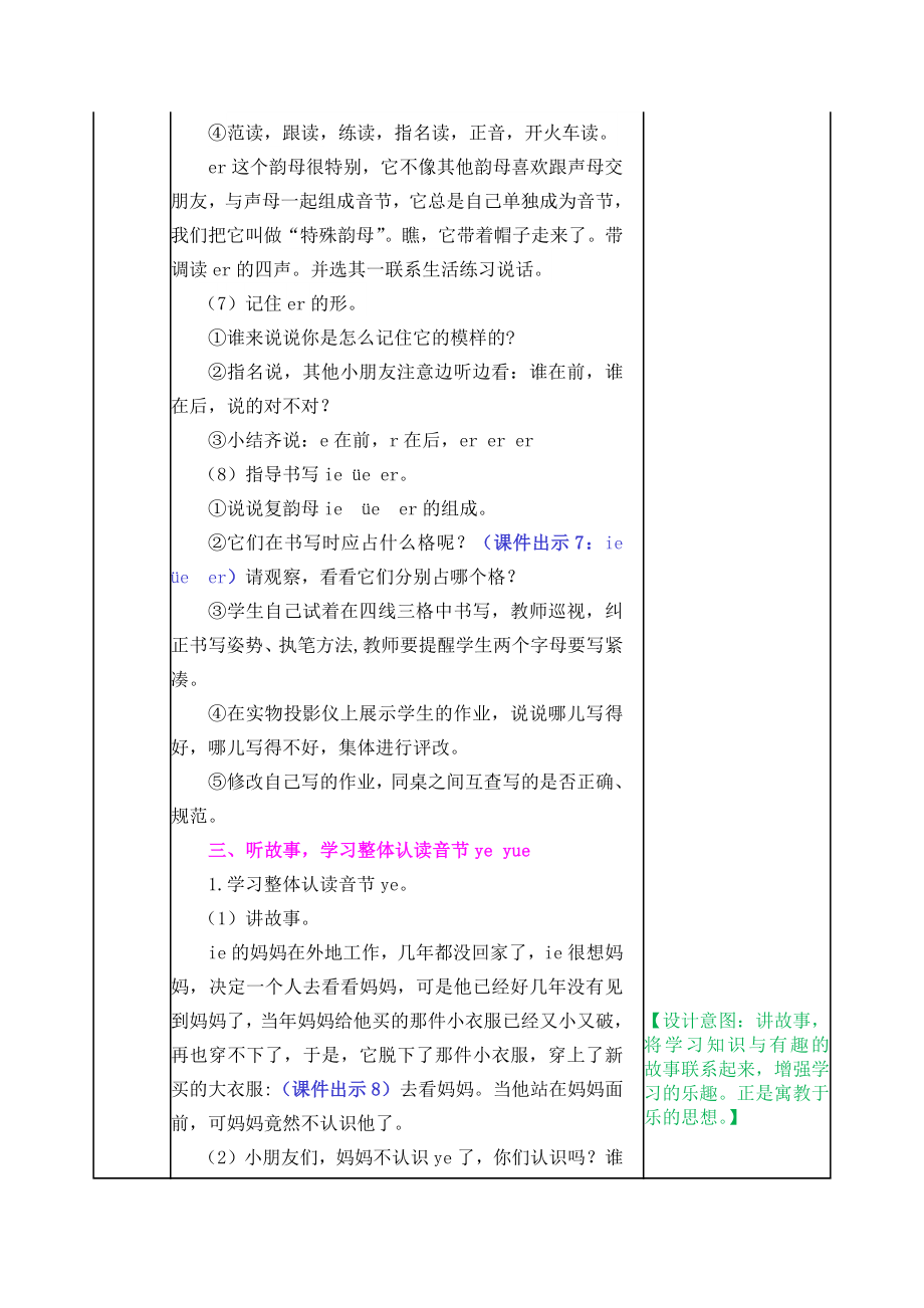 部编版一年级汉语拼音11 ie &amp#252;e er教学设计表格式