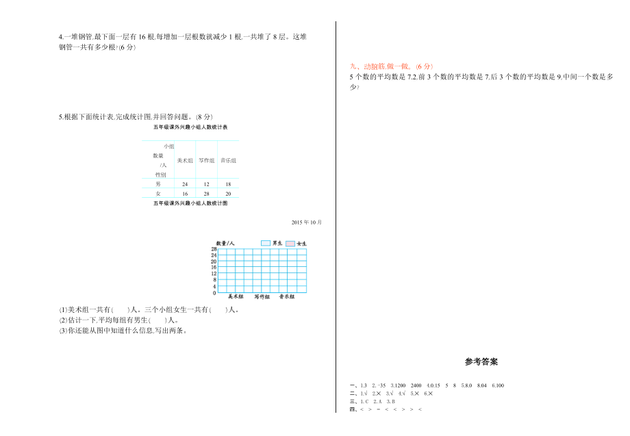 五年级数学上册期末复习题及答案一【苏教版】