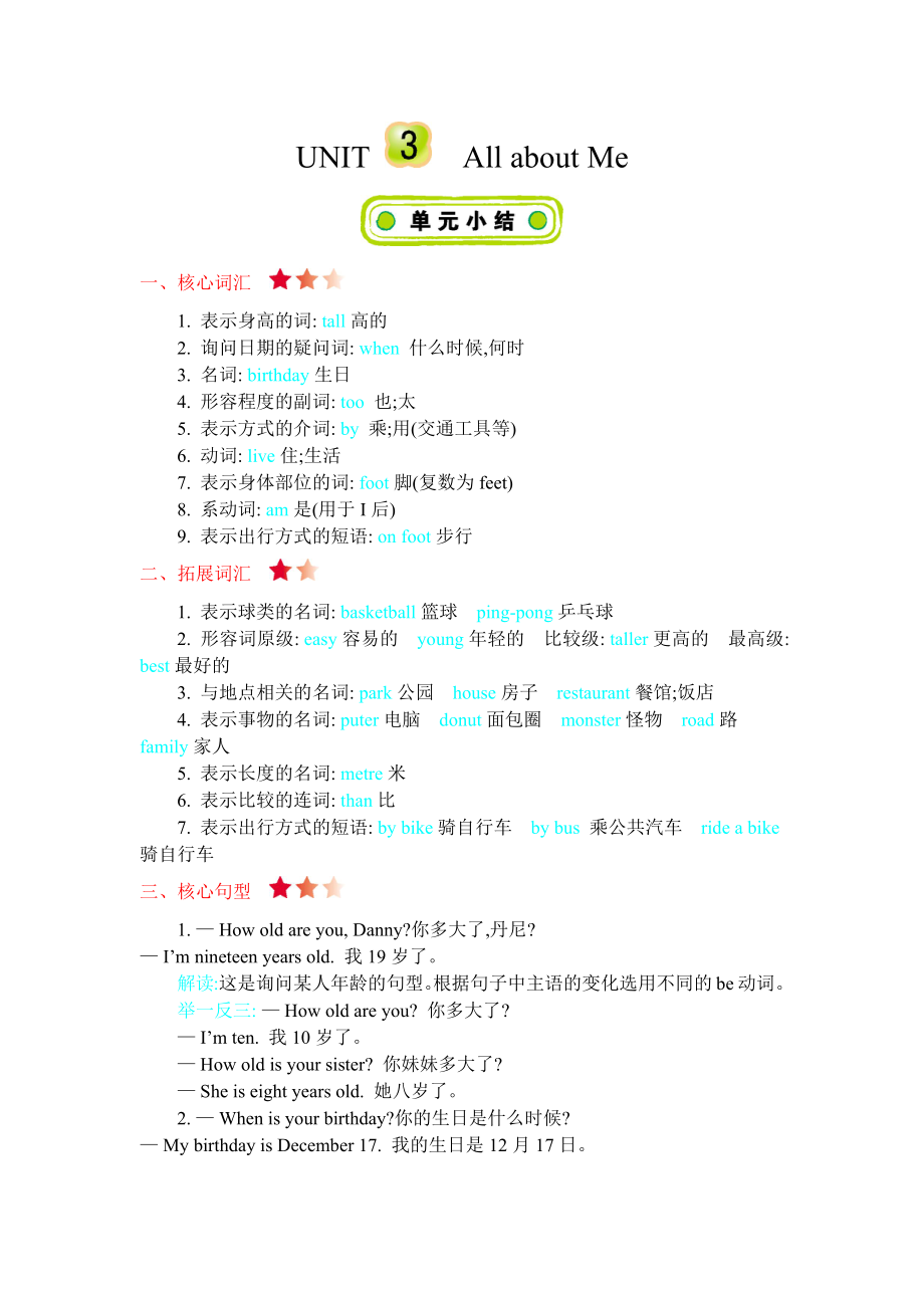 冀教版四年级英语下册Unit 3知识点清单