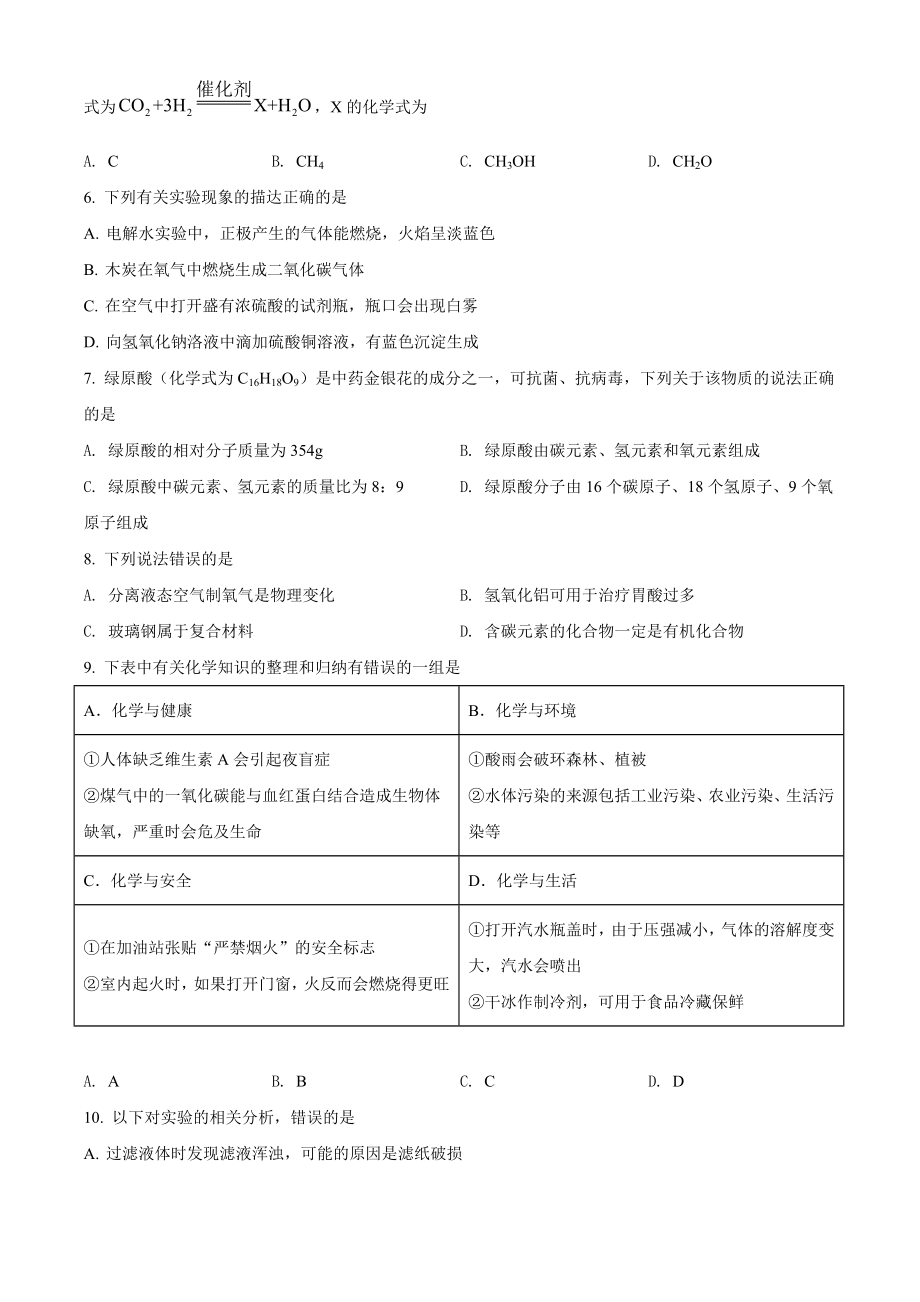 2022年黑龙江省齐齐哈尔市中考化学真题（原卷版）