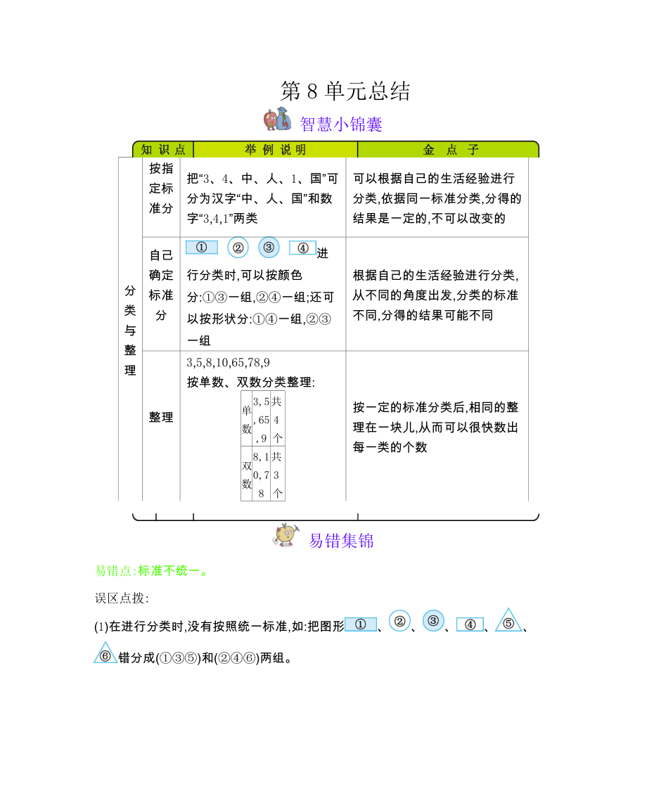 西师大版小学一年级数学西师大版一下第8单元分类与整理知识点清单及易错题