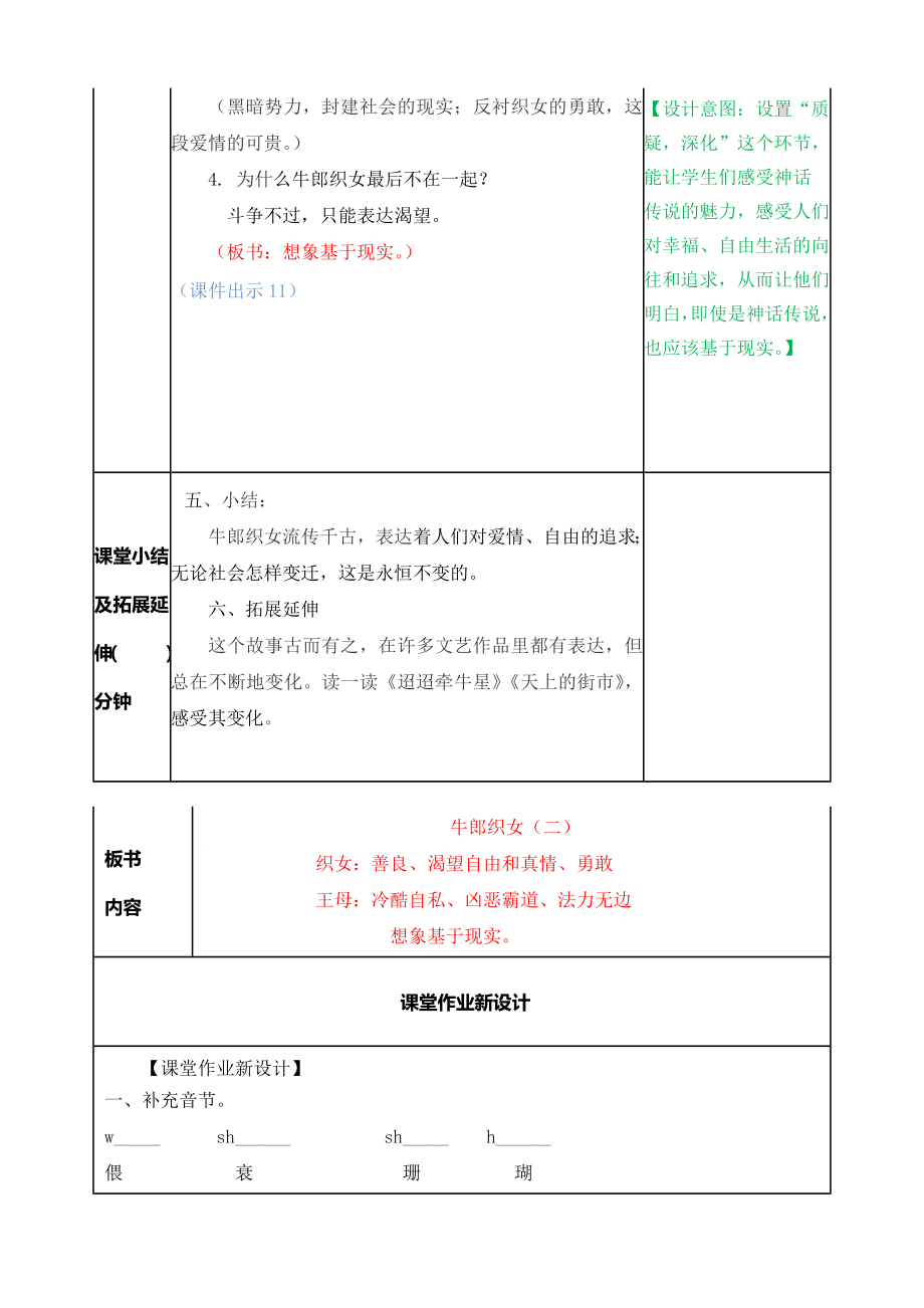 部编版小学五年级语文部编版第十一课牛郎织女（二）教学设计表格式