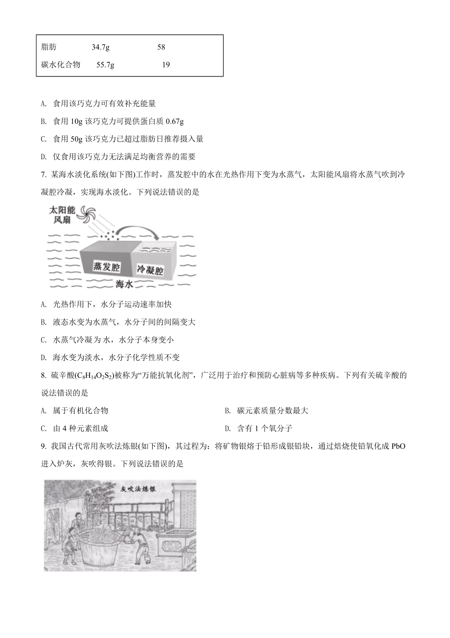 2022年福建省中考化学真题（原卷版）