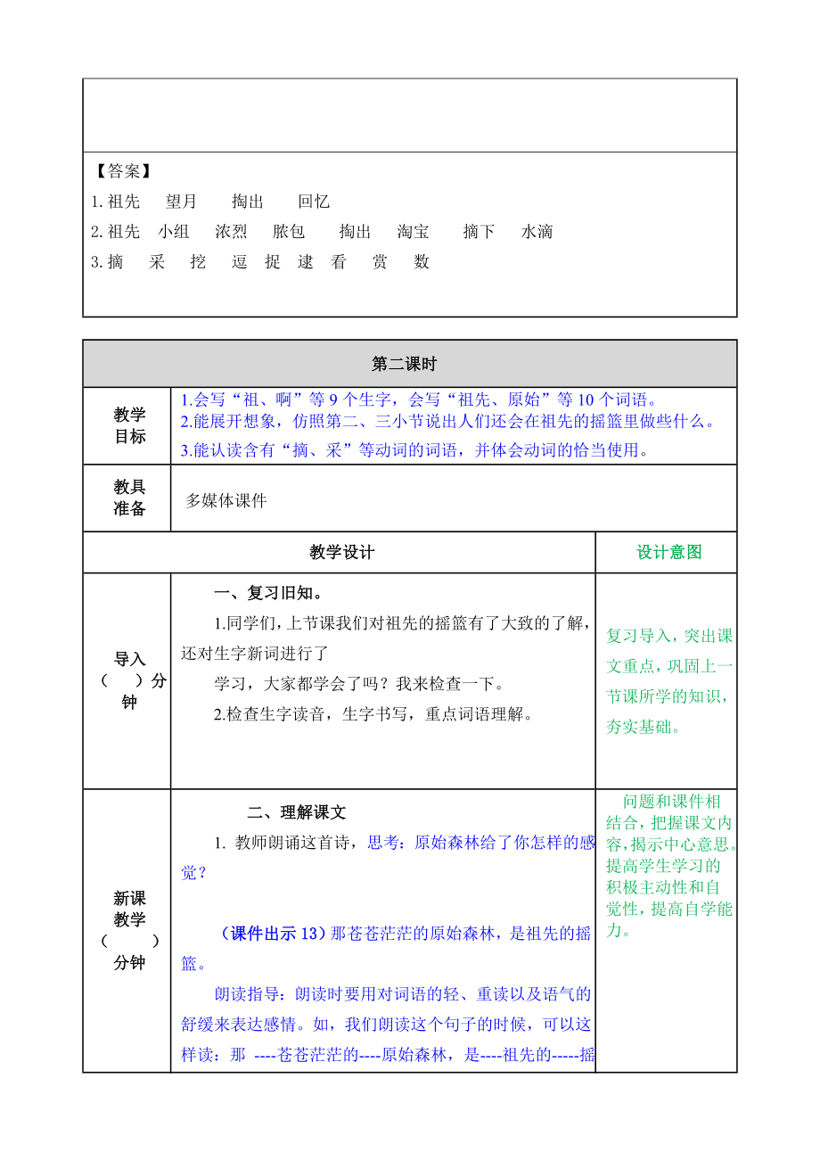 部编版小学二年级语文部编版第23课祖先的摇篮教案表格式