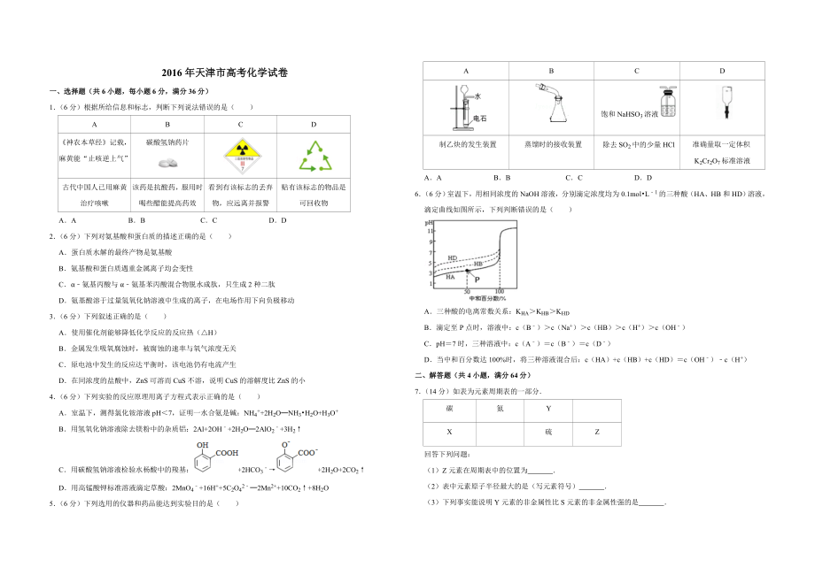 2016年天津市高考化学试卷