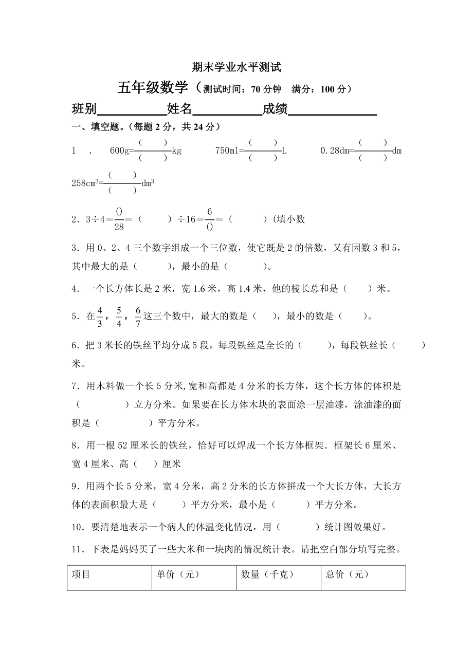 人教版五年级下册数学期末试卷 (5)