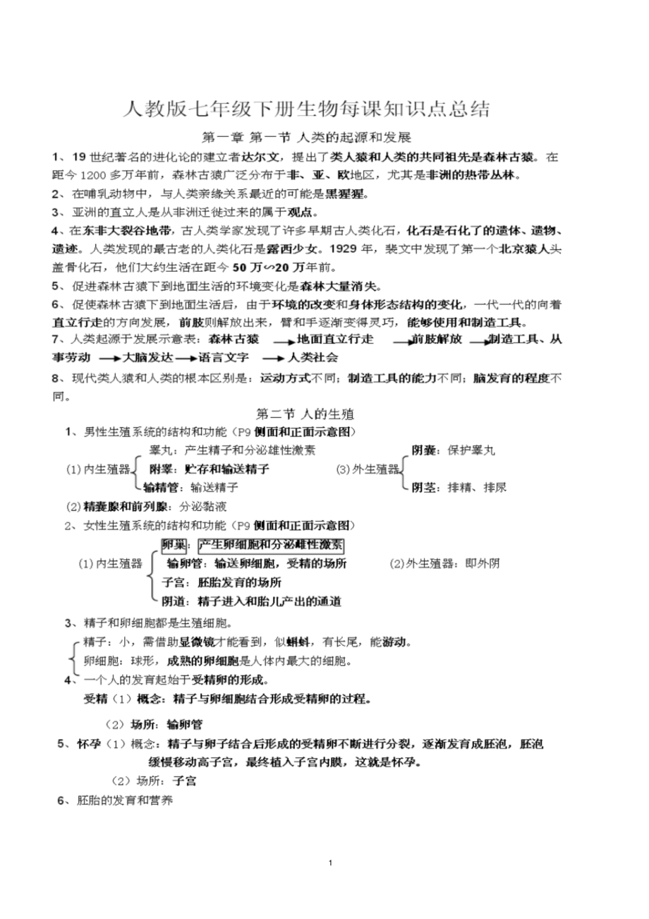 人教版七年级生物下册知识点重点课时学习