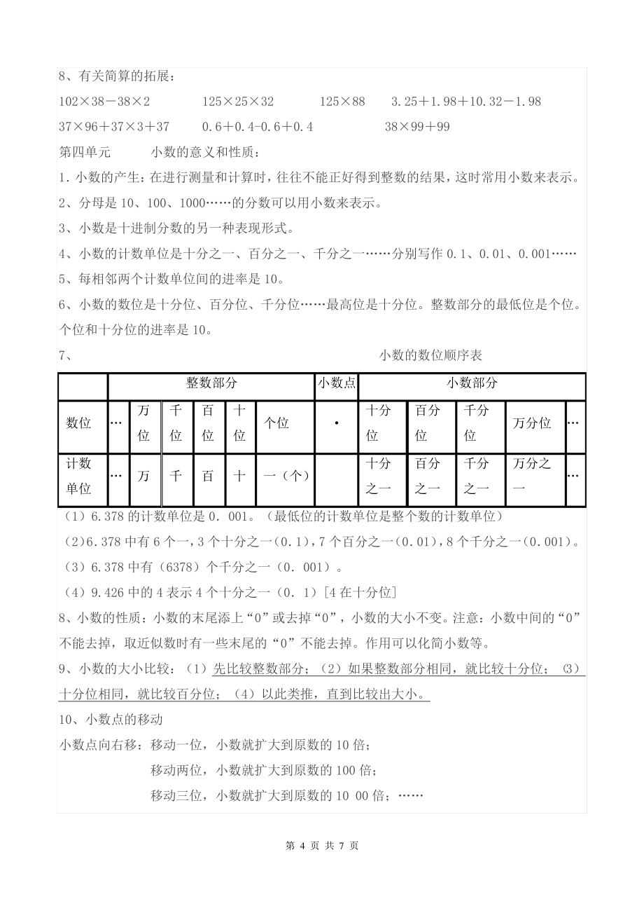 人教版四年级下册数学知识点