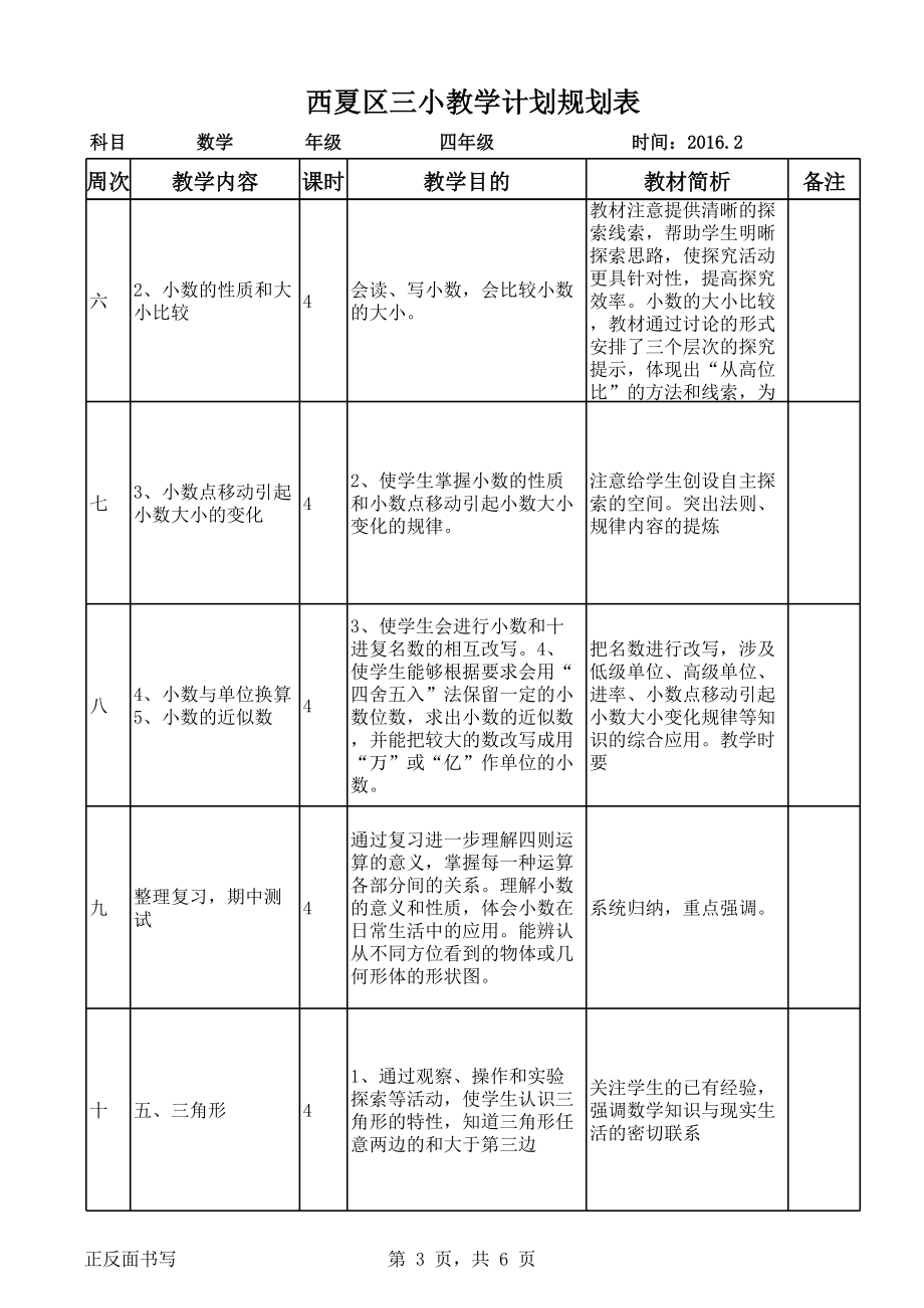 人教版小学数学四年级下册教学进度表和计划表