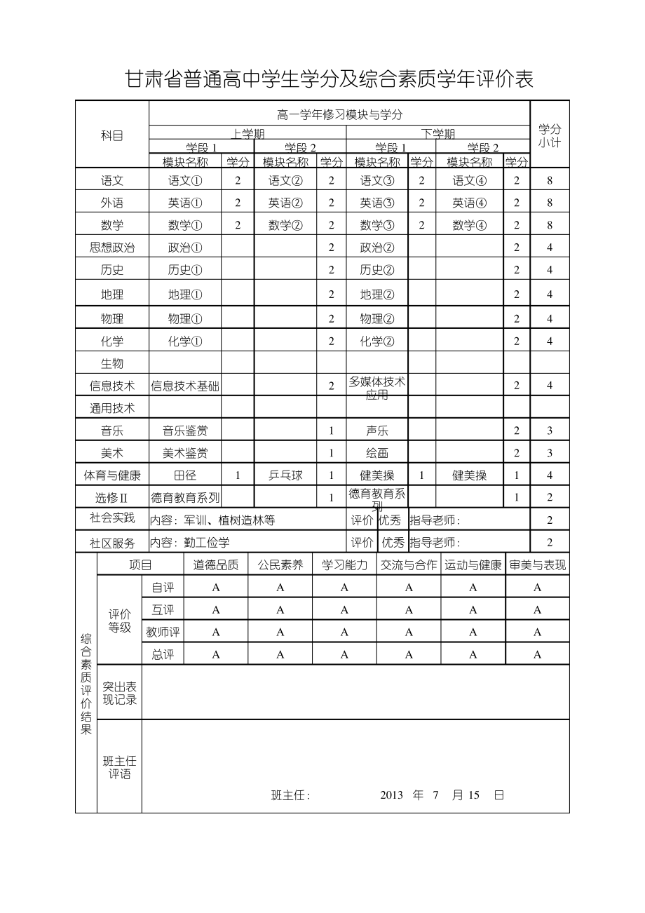 甘肃普通高中毕业生登记表