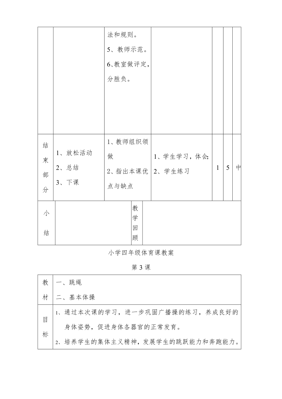 小学四年级体育课教案