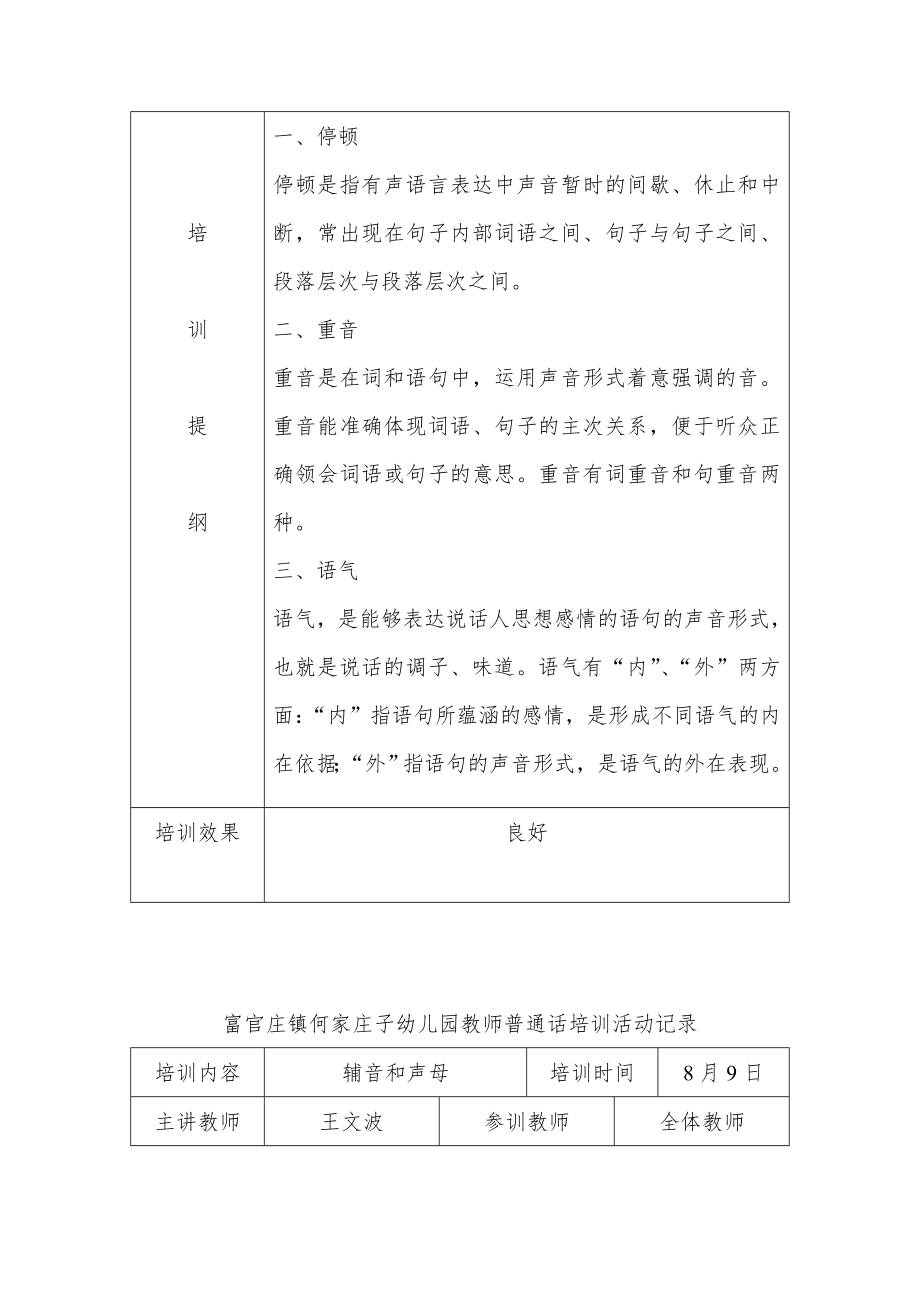 何家庄子幼儿园教师普通话培训活动记录