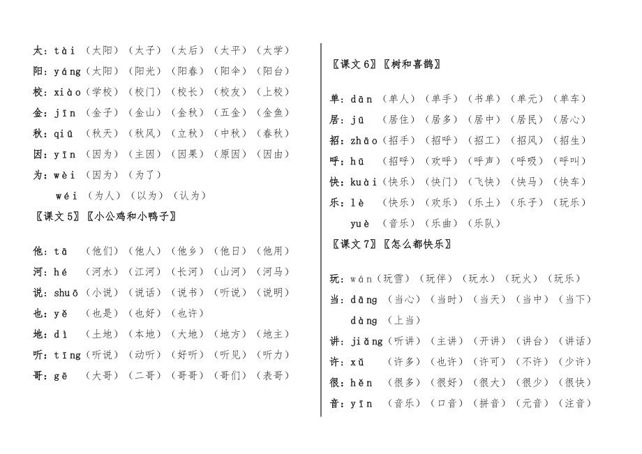 部编 一年级下 生字笔顺 组词