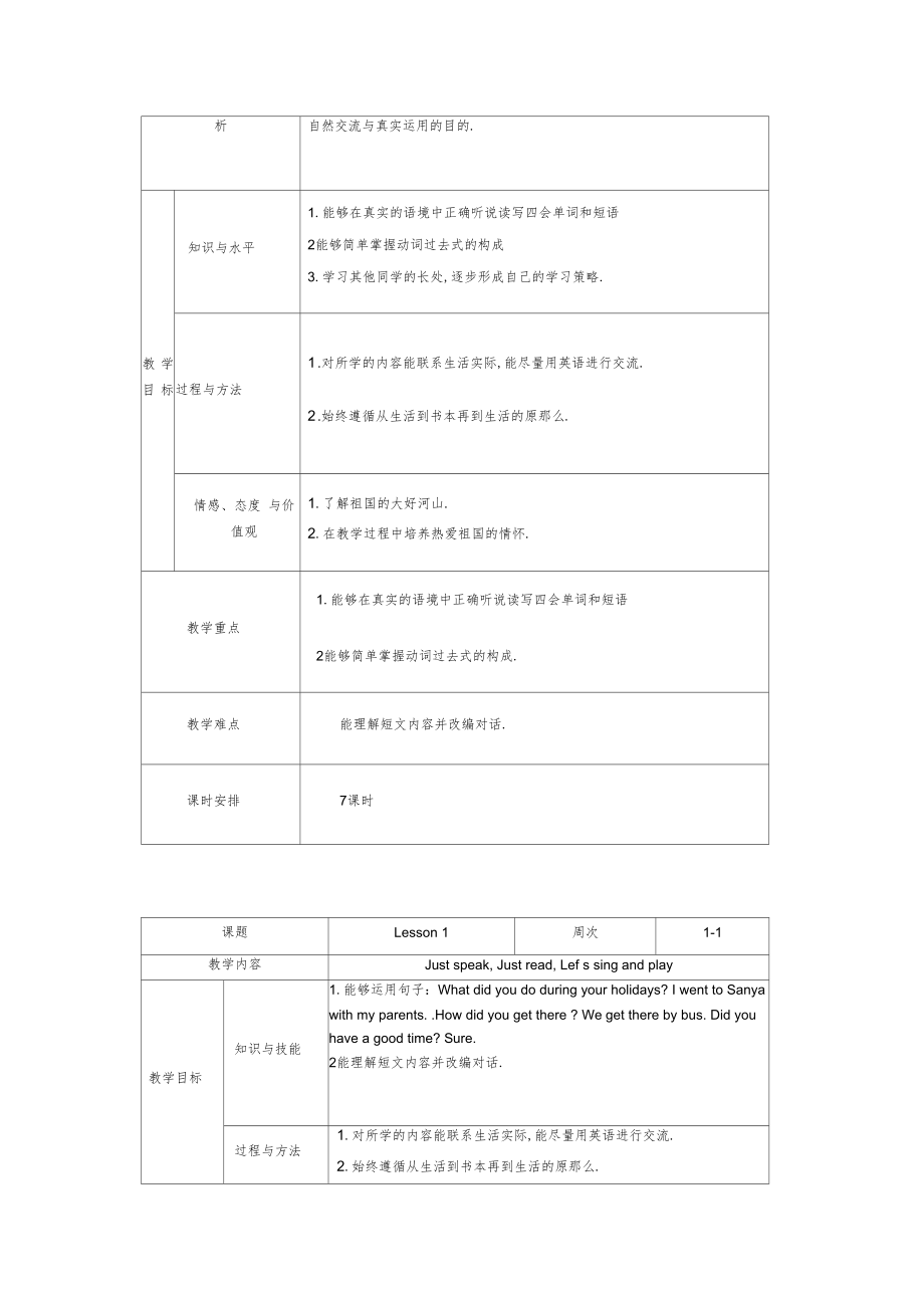 精通版英语六年级下册教案