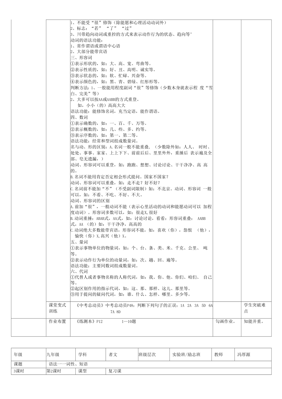 中考语文语法——词性、短语专题复习教案教学设计