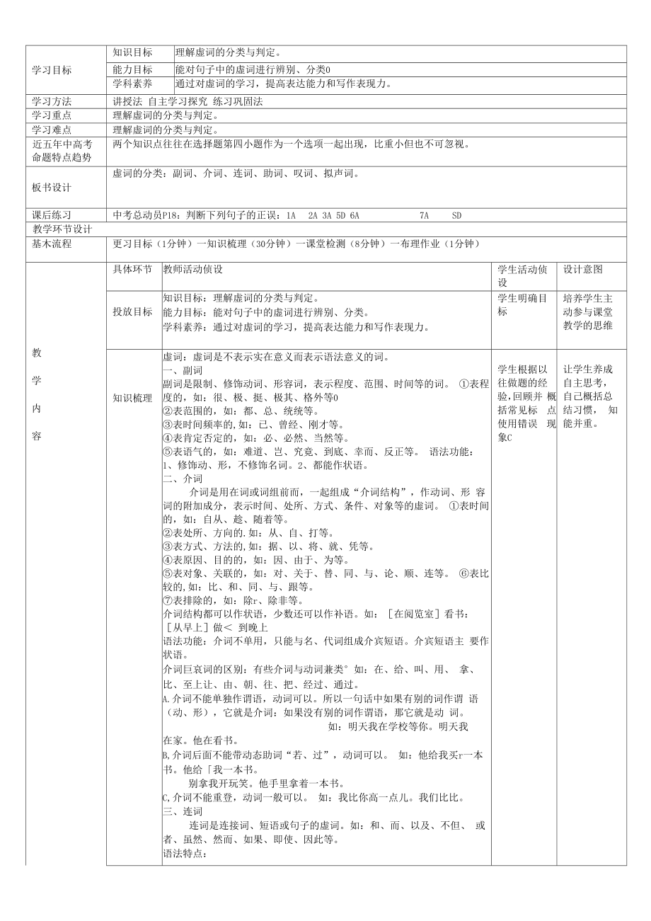 中考语文语法——词性、短语专题复习教案教学设计