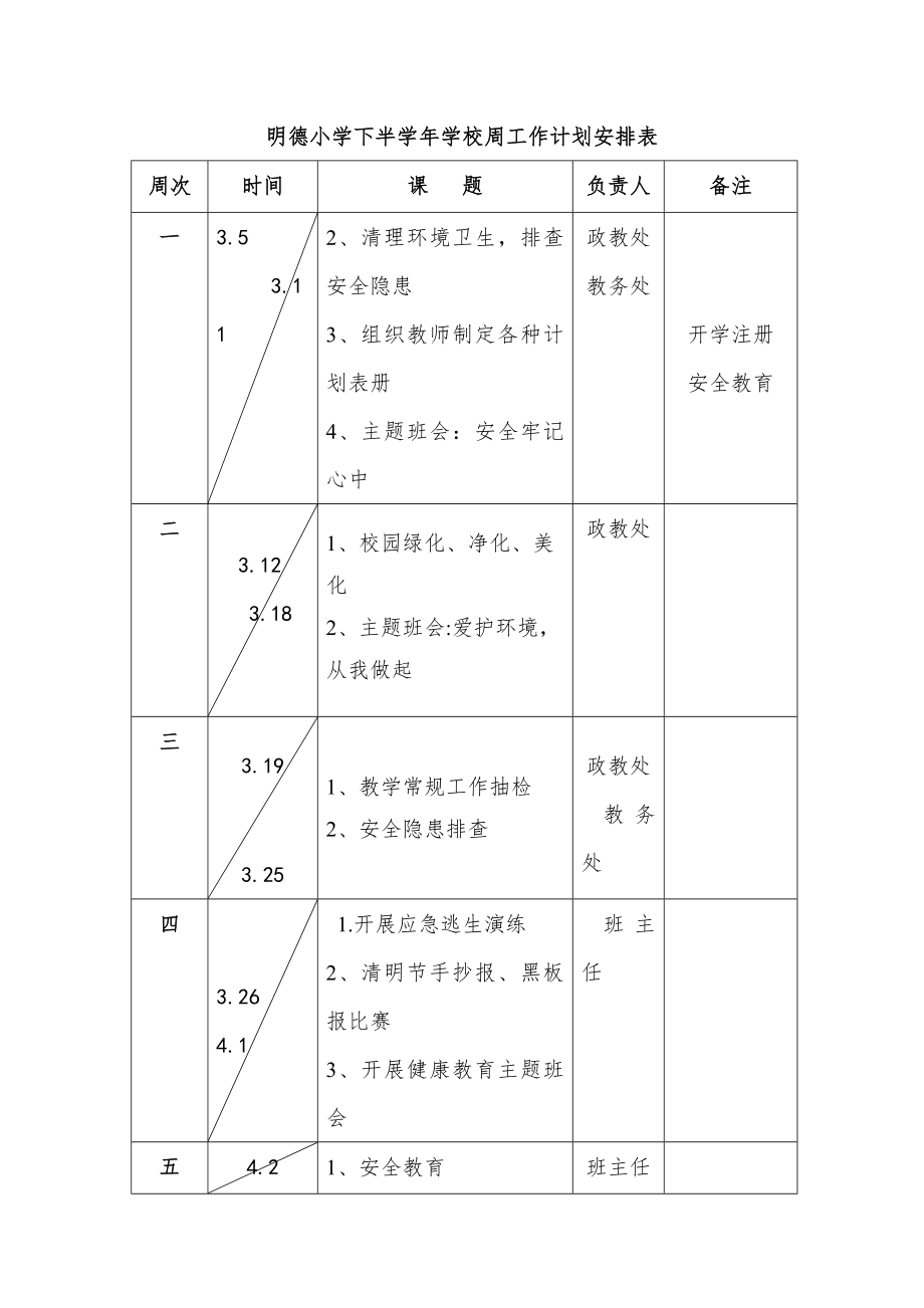 明德小学下半学年学校周工作计划安排表