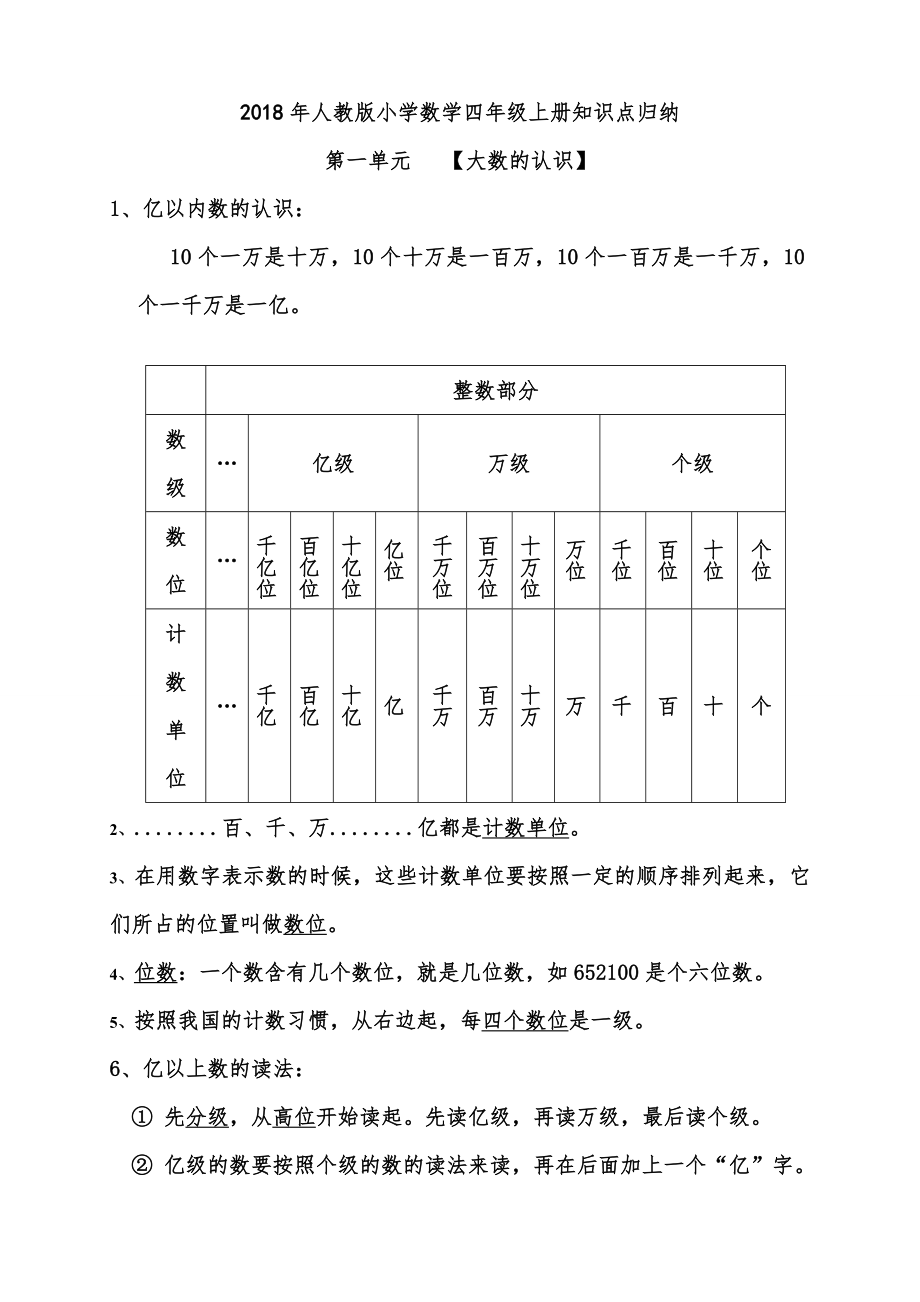 人教版小学四年级数学上册知识点