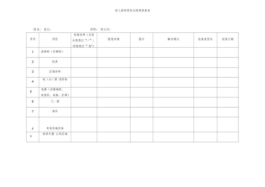 幼儿园班级安全隐患排查表