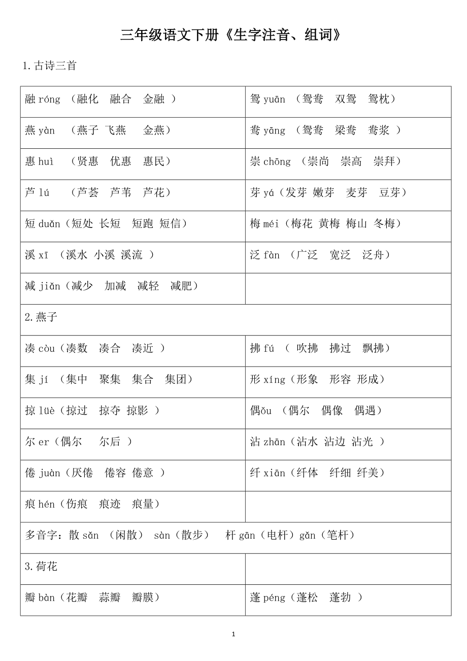 三年级语文下册《生字注音、组词》