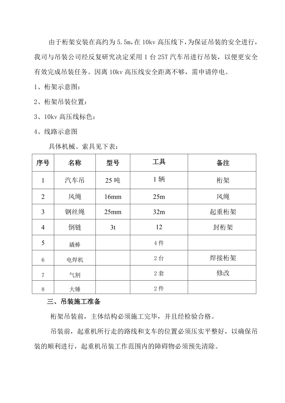 管道桁架吊装施工方案及应急预案