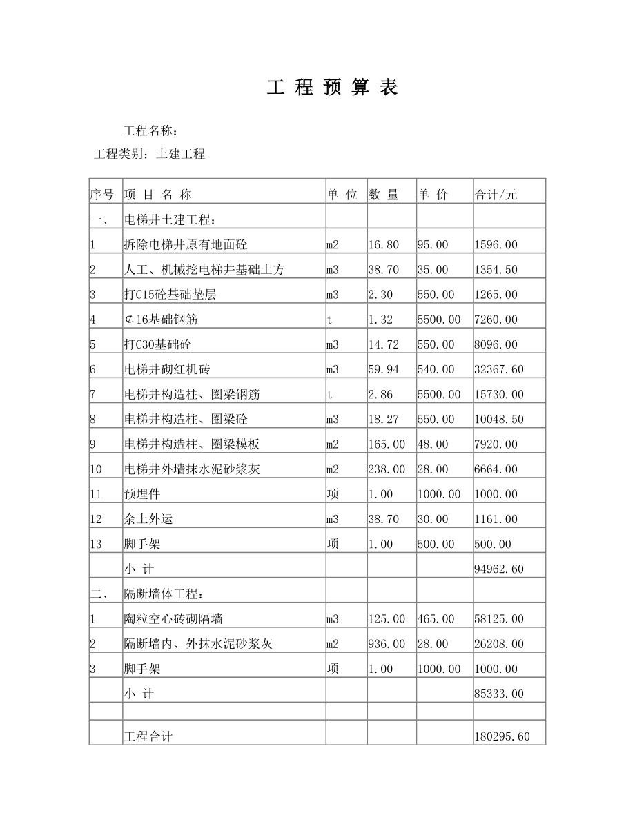 电梯井工程报价