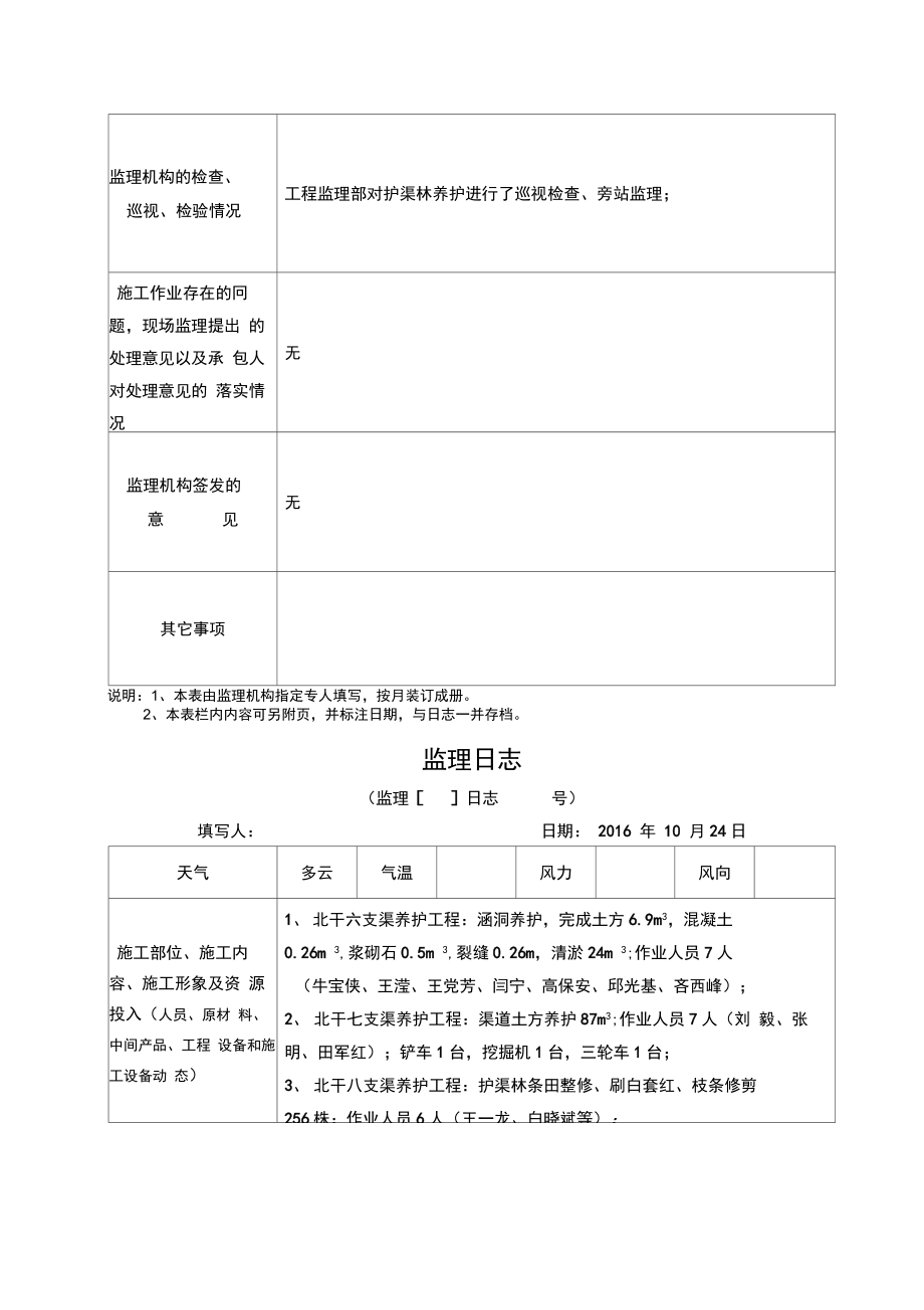 水利工程监理日志填写样板