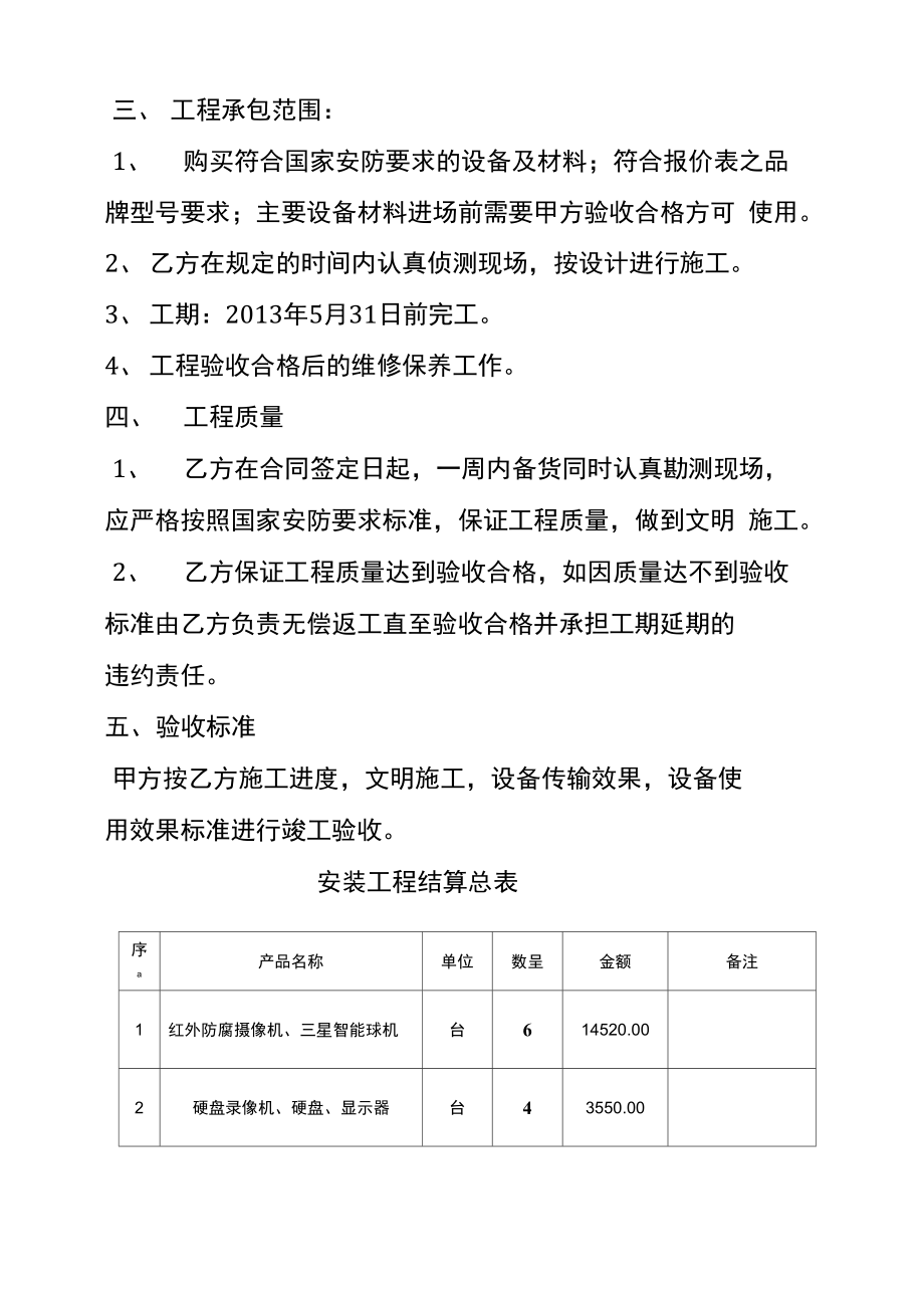 视频监控安装工程结算介绍模板