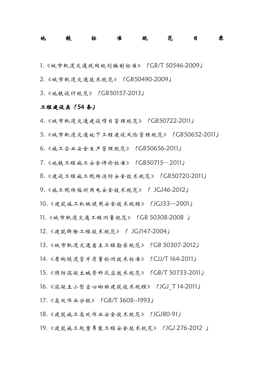 地铁施工标准规范目录