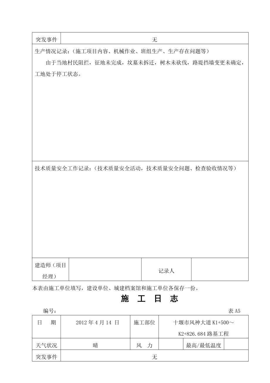 公路工程施工日志范本