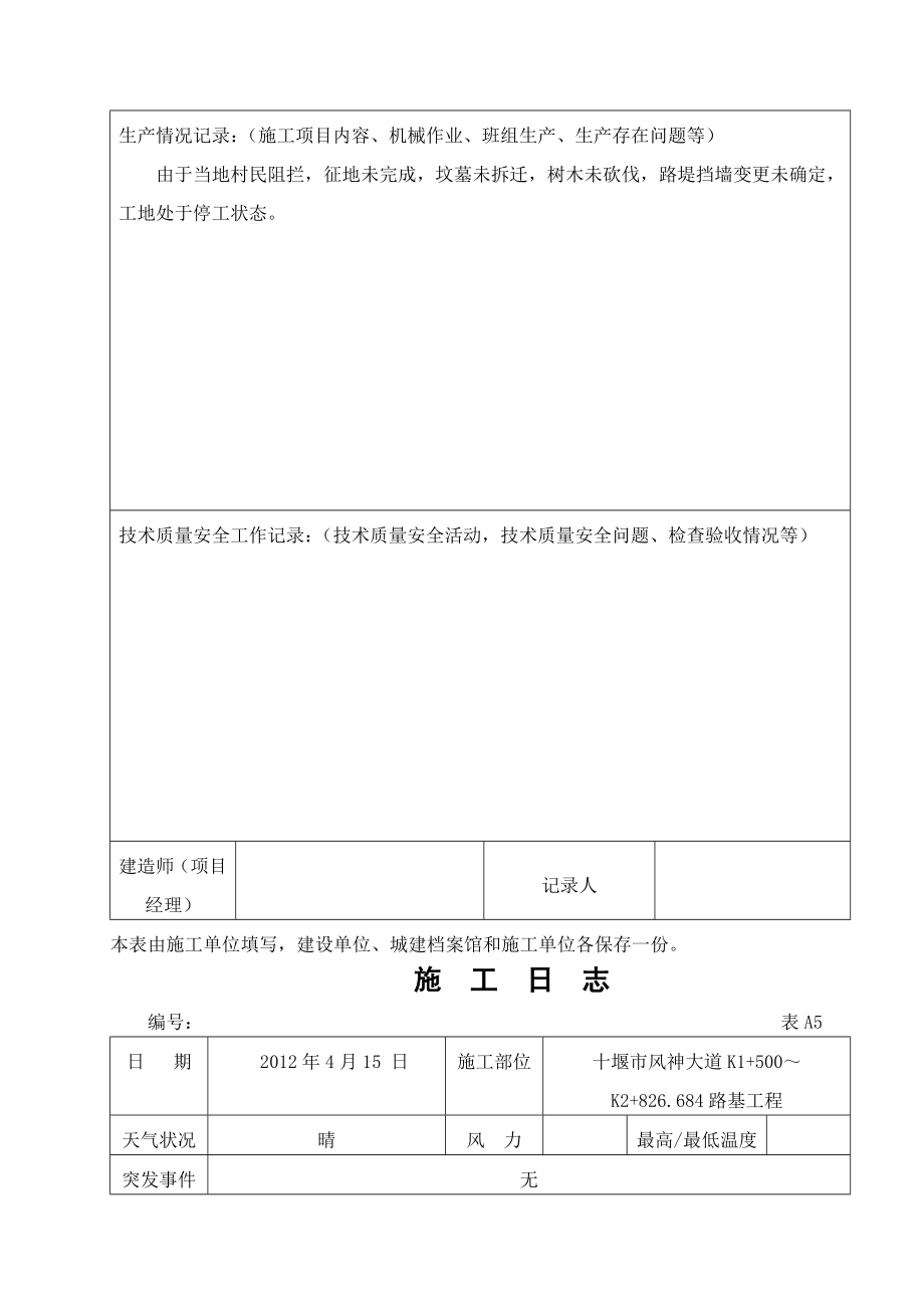 公路工程施工日志范本