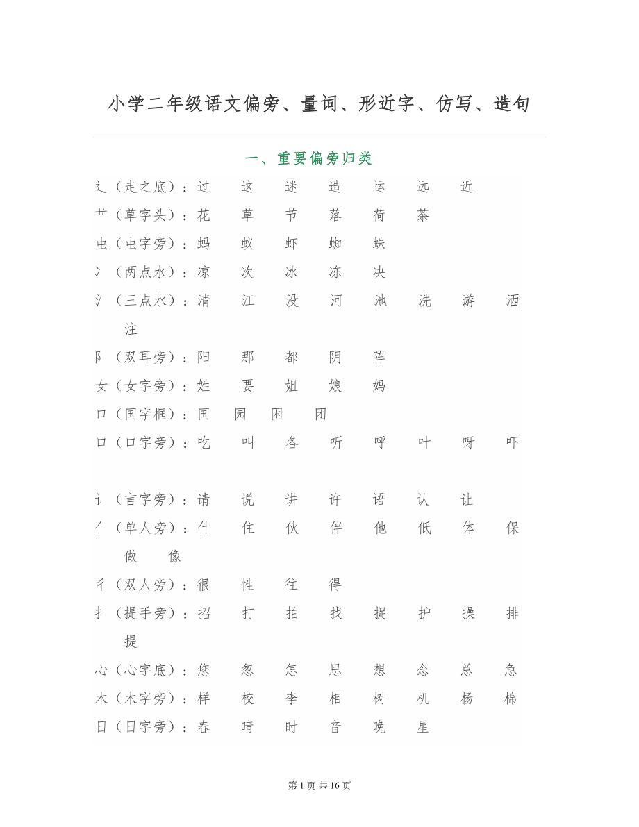 小学二年级语文（偏旁、量词、形近字、仿写、造句）汇总