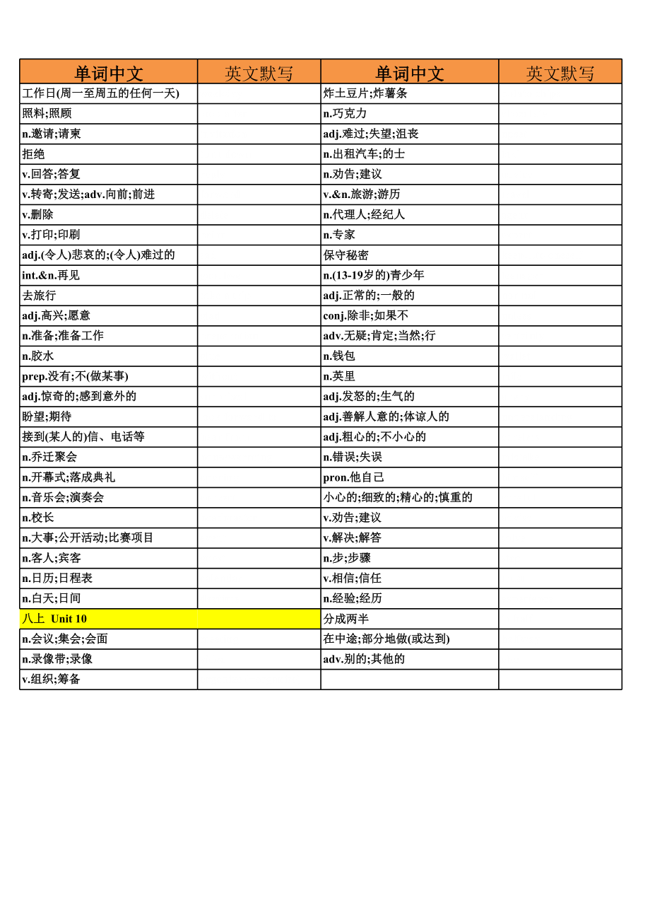 人教版八年级上册英语单词默写表1