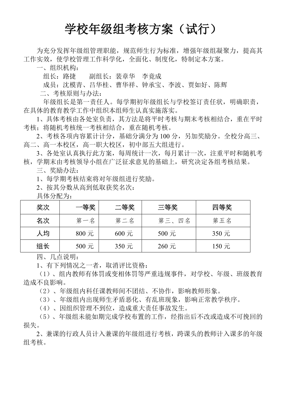 学校年级组考核方案