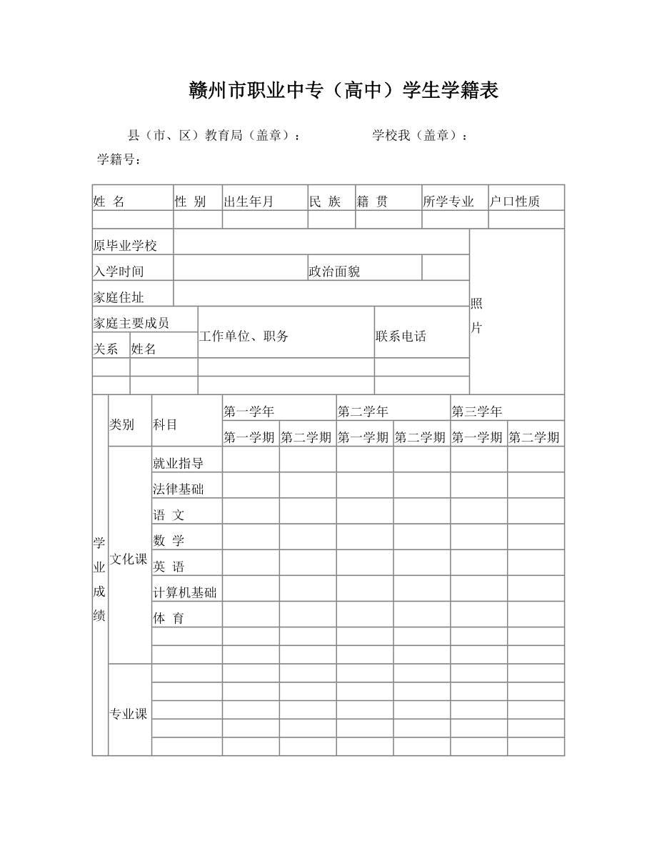 赣州市职业中专(高中)学生学籍表