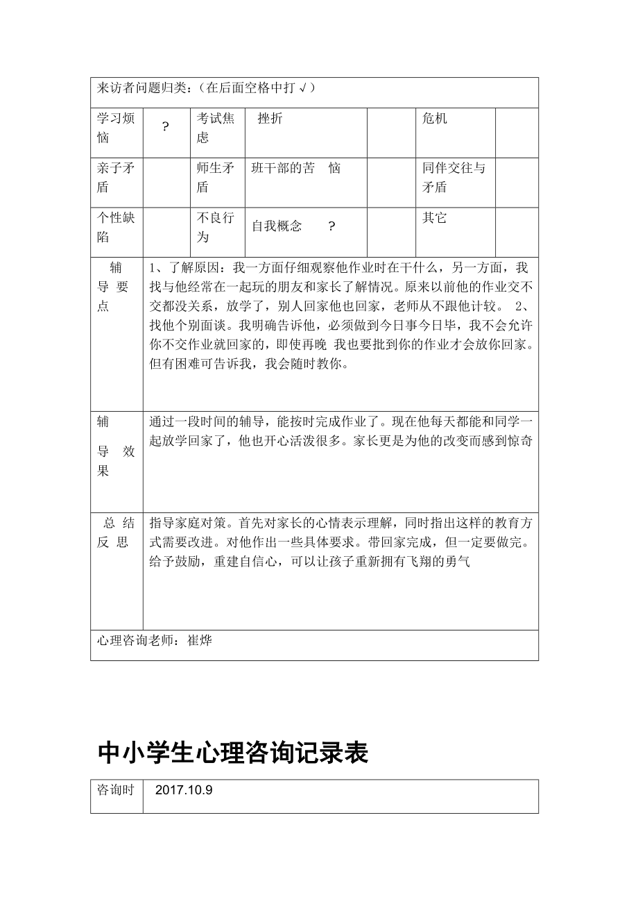 完整版中小学生心理咨询记录表