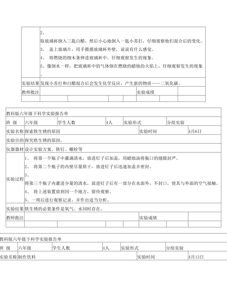 教科版六年级下科学实验报告单新版